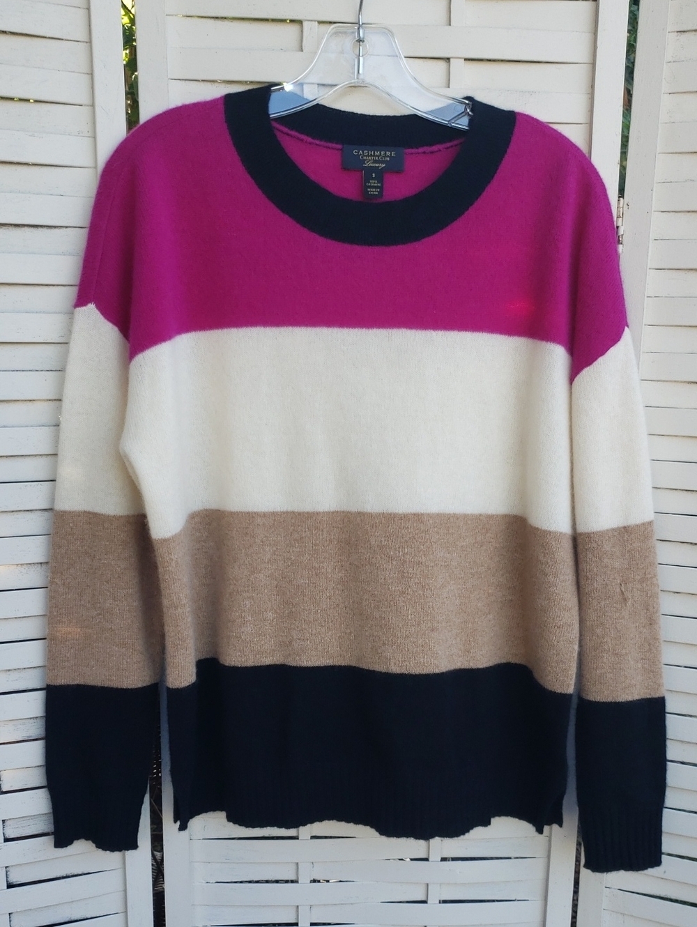 Cashmere Striped Crewneck Sweater - Fuchsia, Ivory, Tan, Black S